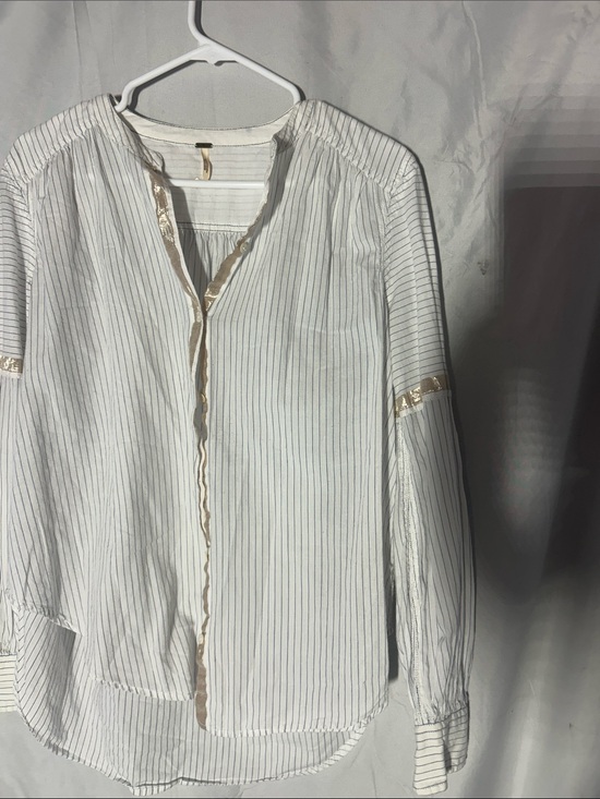 Free People Tops - Free People White Pinstripe Button-Down Blouse with Gold Trim